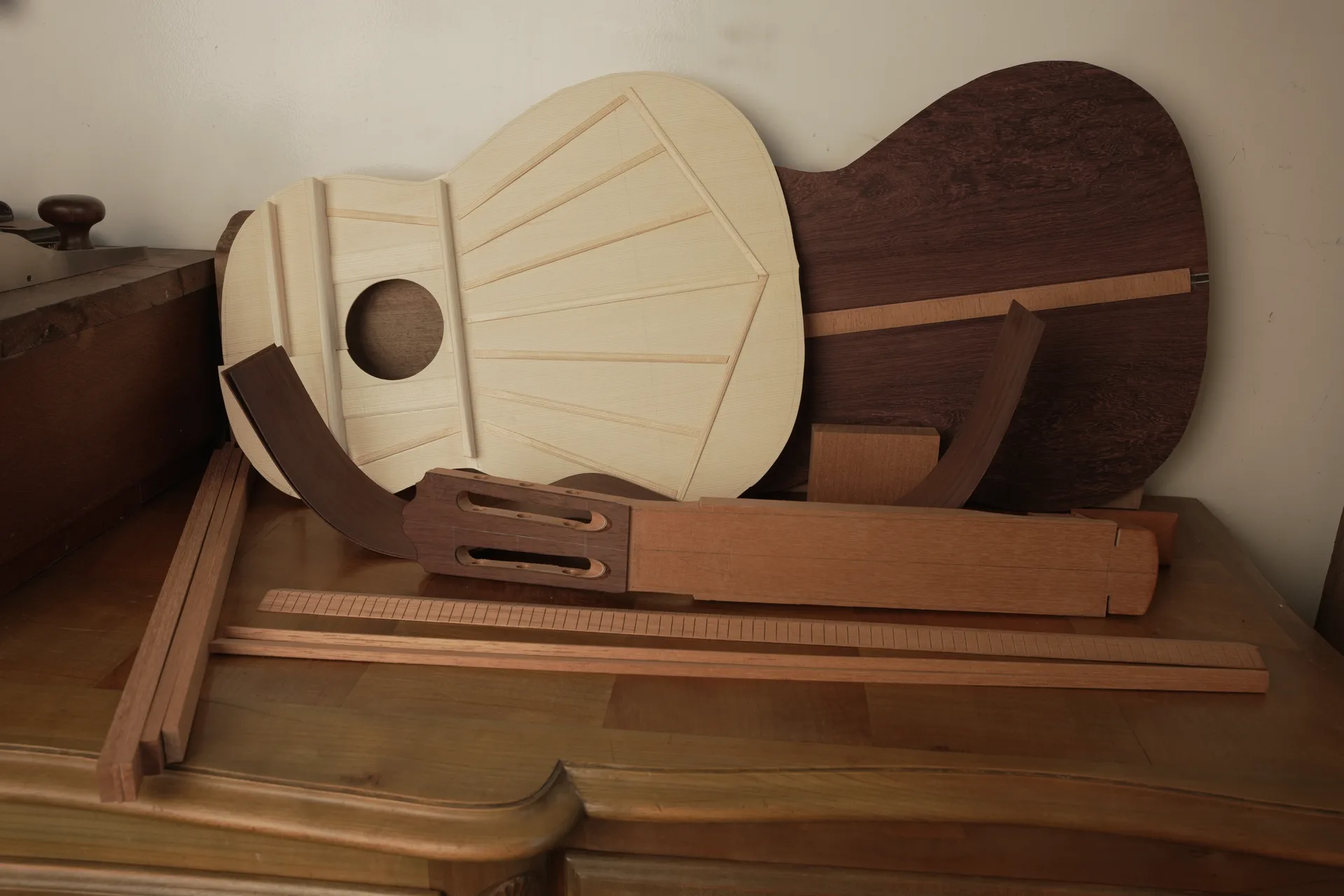 All guitar components laid out ready for assembly