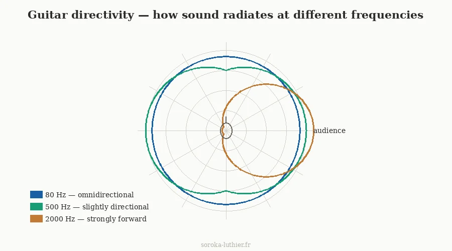 Polar diagram showing guitar directivity patterns at 80 Hz, 500 Hz, and 2000 Hz — from omnidirectional at low frequencies to strongly forward-focused at high frequencies