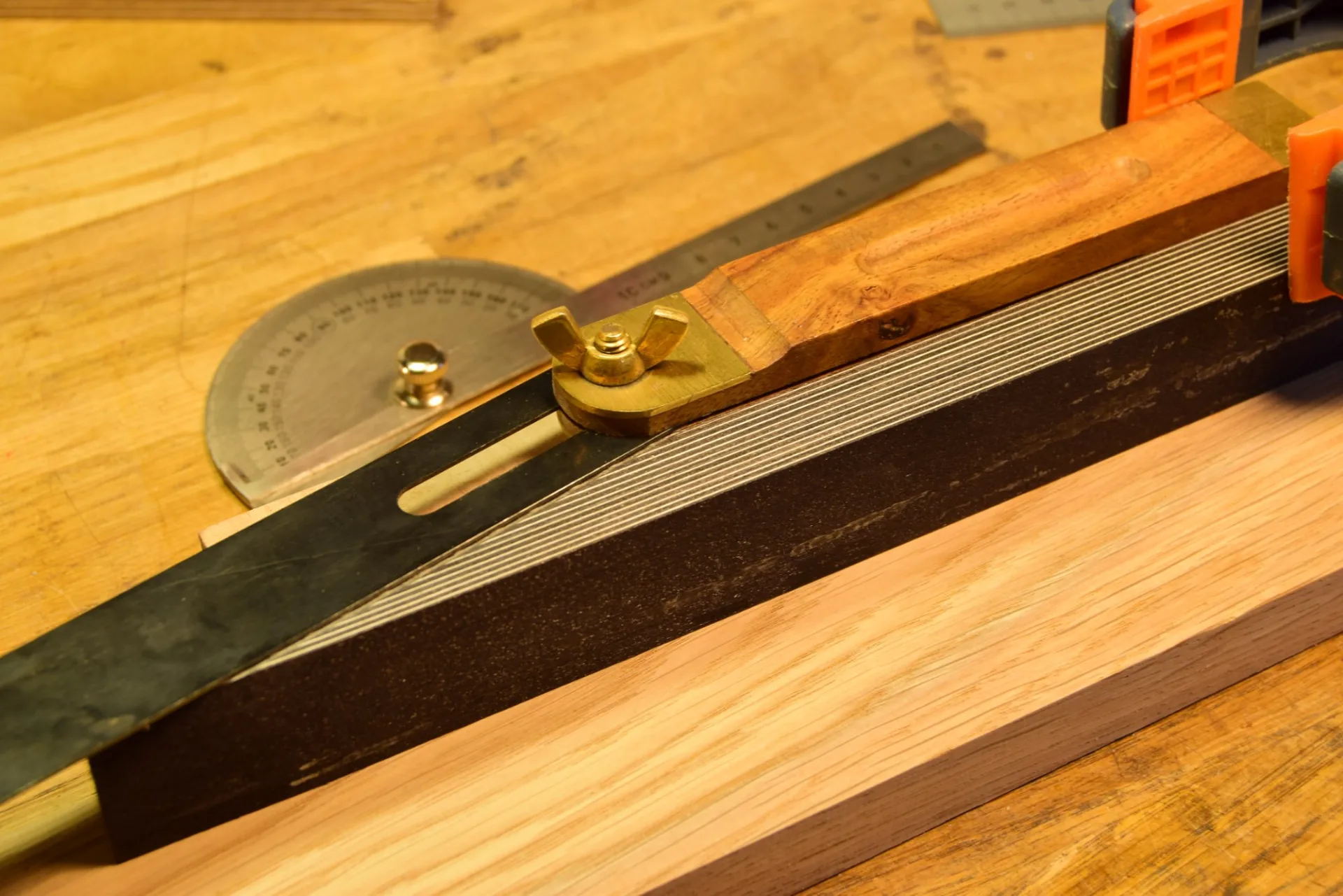 Marking the 10-degree herringbone angle on the glued stack using a sliding bevel